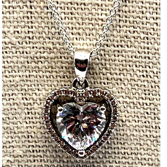 Heart-Shaped Cubic Zirconia Pendant Necklace In 925 Sterling Silver.   A38 - Picture 1 of 10